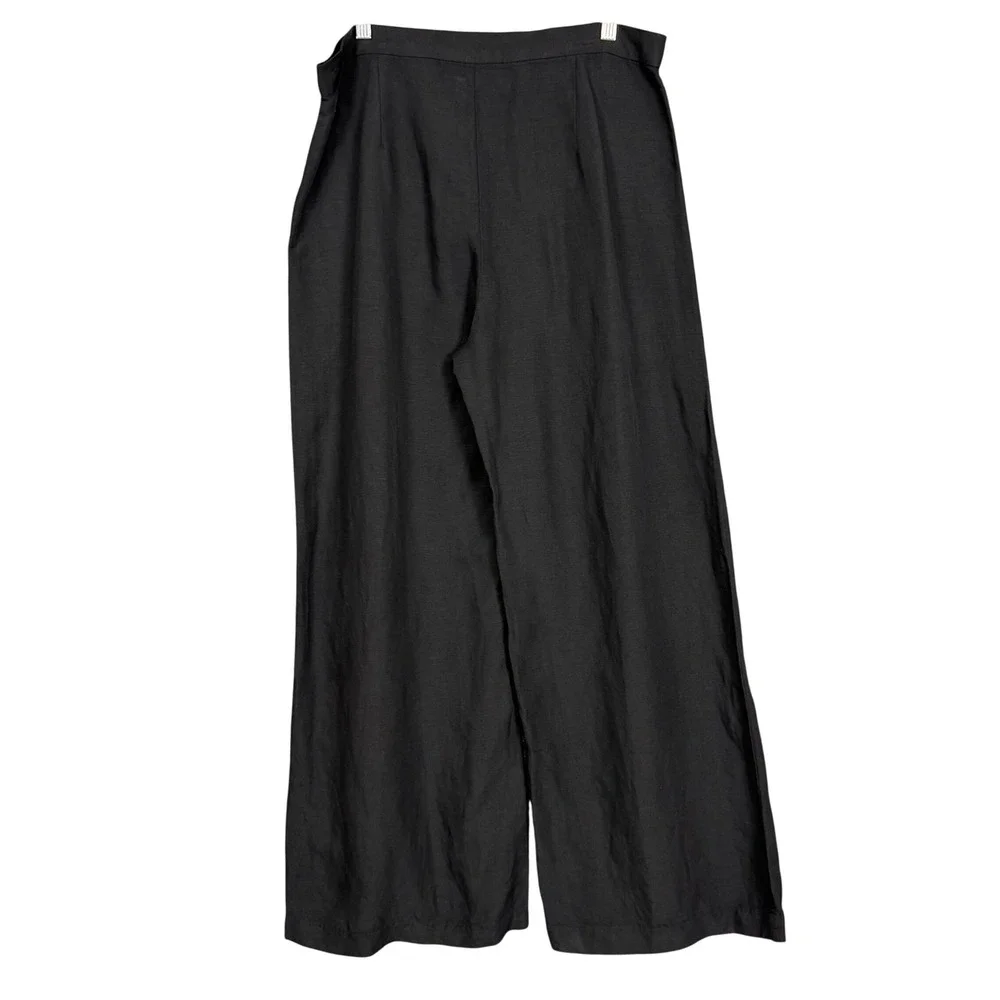 H&M Pants Women 14 Black Linen Blend Wide Leg Pleated Trousers High Rise‎ Beach